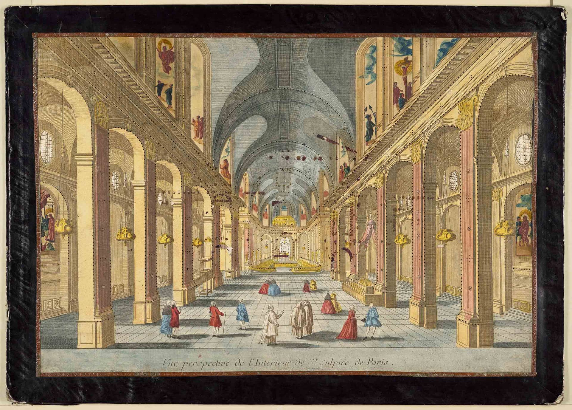 Vue perspective de l'Interieur de St. Sulpice de Paris, hand-colored pierced engraving, 18th century, From the Richard Balzer Collection, gift of Patricia Bellinger Balzer, photo courtesy the Margaret Herrick Library